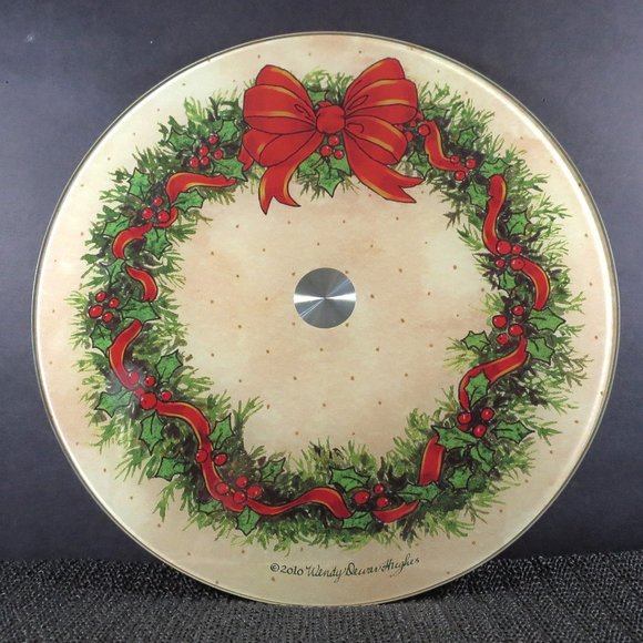 Wendy Dewar Hughes Other - Wendy Dewar Hughes Lazy Susan Tempered Glass Christmas Wreath Holly Ribbon Bow